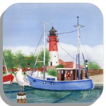 Untersetzer Glasuntersetzer 9,5 x 9,5 cm Aquarell Maritim Kunst Druck Kunstdruck Nordsee Büsum Leuchtturm Hafen Strand Meer